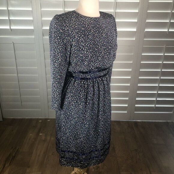 Vtg 80s Stuart Alan Petites Blue Floral Secretary Dress 14 Blouson Prairie - Picture 2 of 12